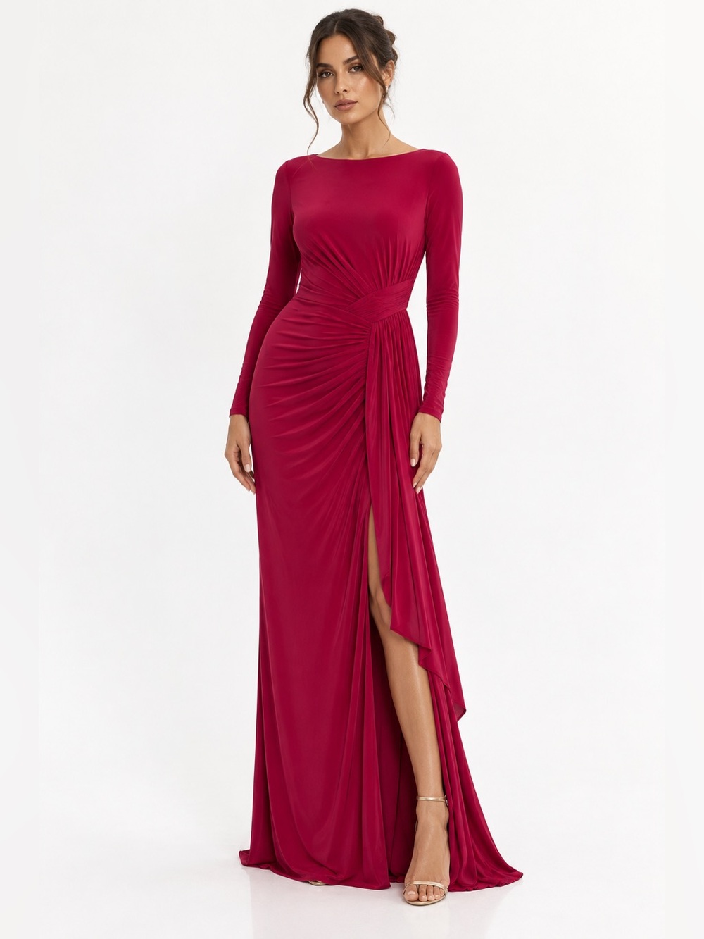 IEENA for macduggal Fushia ruched long sleeve formal gown 10
